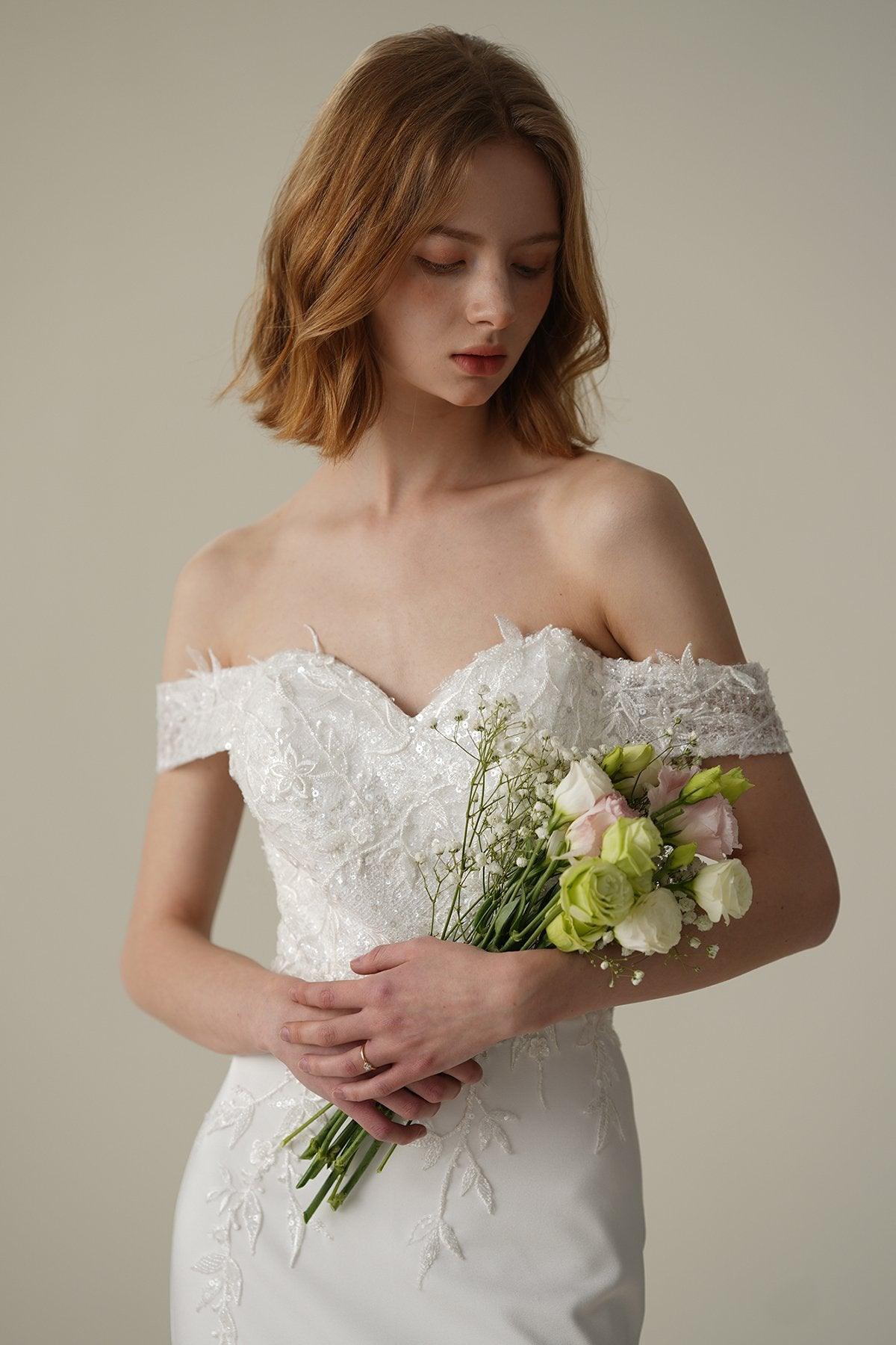 Mermaid Sweep-Brush Train Satin Lace Wedding Dress CW3087 - COCOMELODY