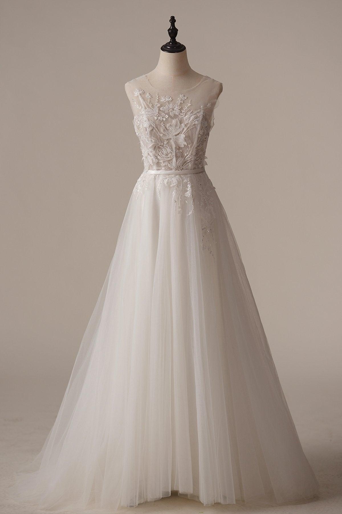 A-Line Sweep-Brush Train Lace Tulle Wedding Dress CW3090 - COCOMELODY