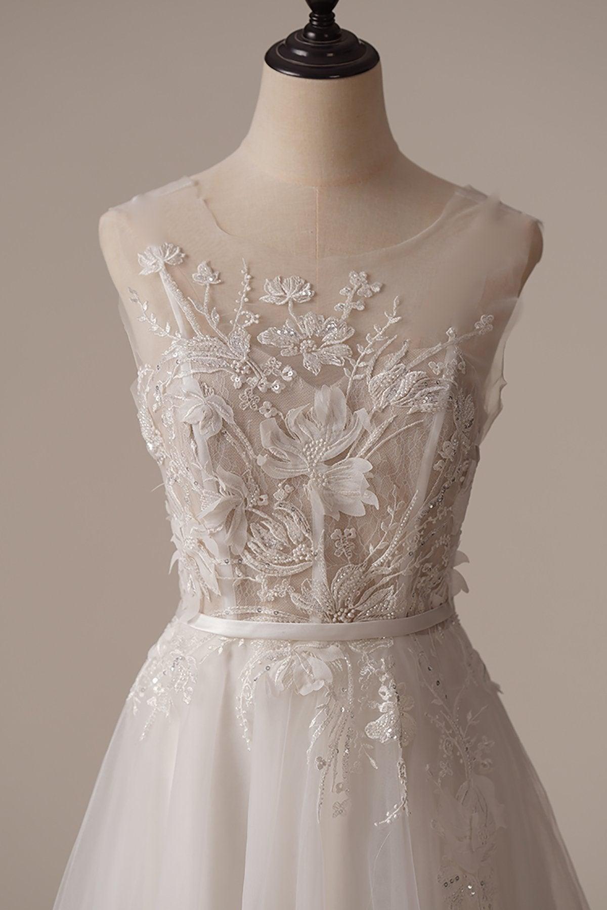 A-Line Sweep-Brush Train Lace Tulle Wedding Dress CW3090 - COCOMELODY