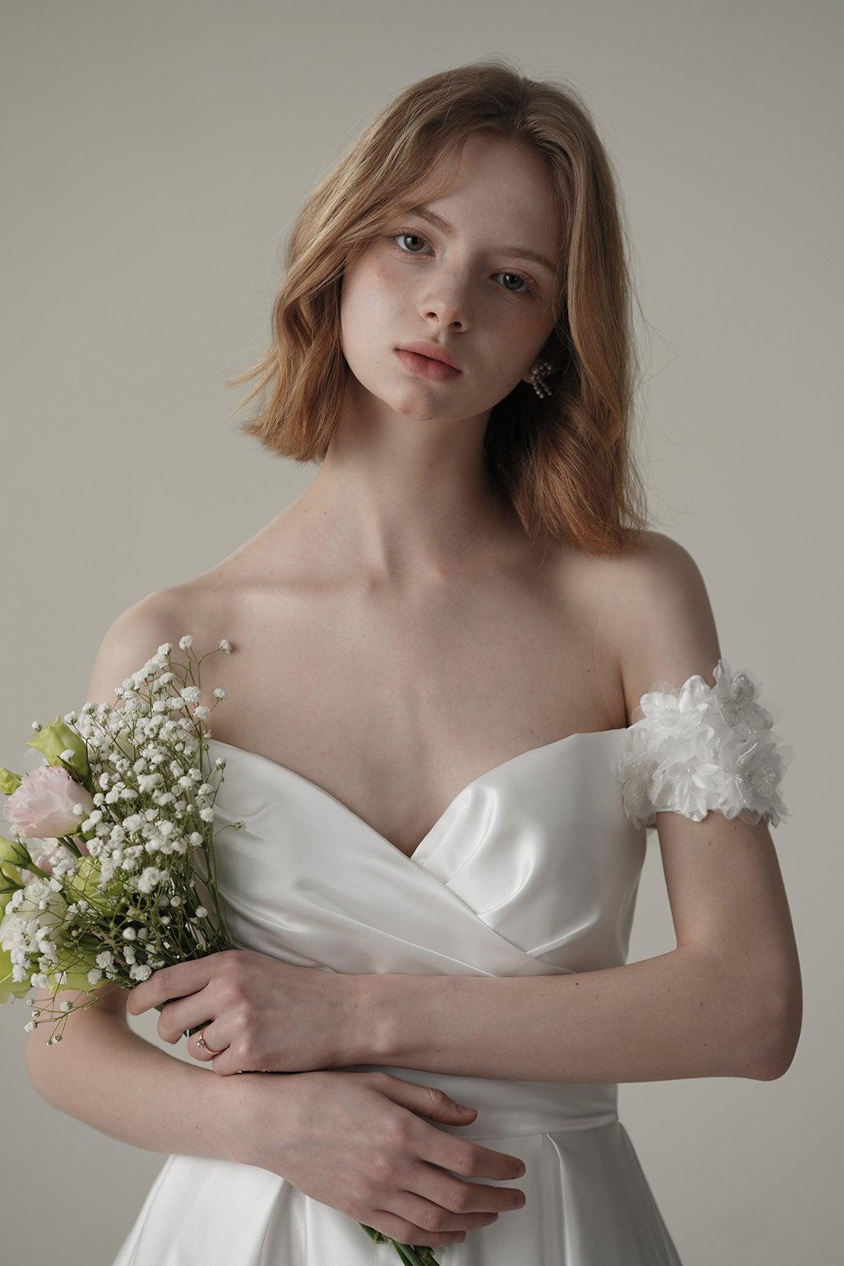 A-Line Sweep-Brush Train Satin Wedding Dress CW3093 - COCOMELODY