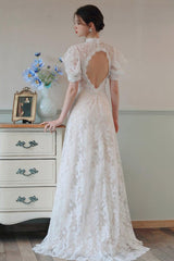 A-Line Sweep-Brush Train Lace Tulle Wedding Dress CW3100 - COCOMELODY
