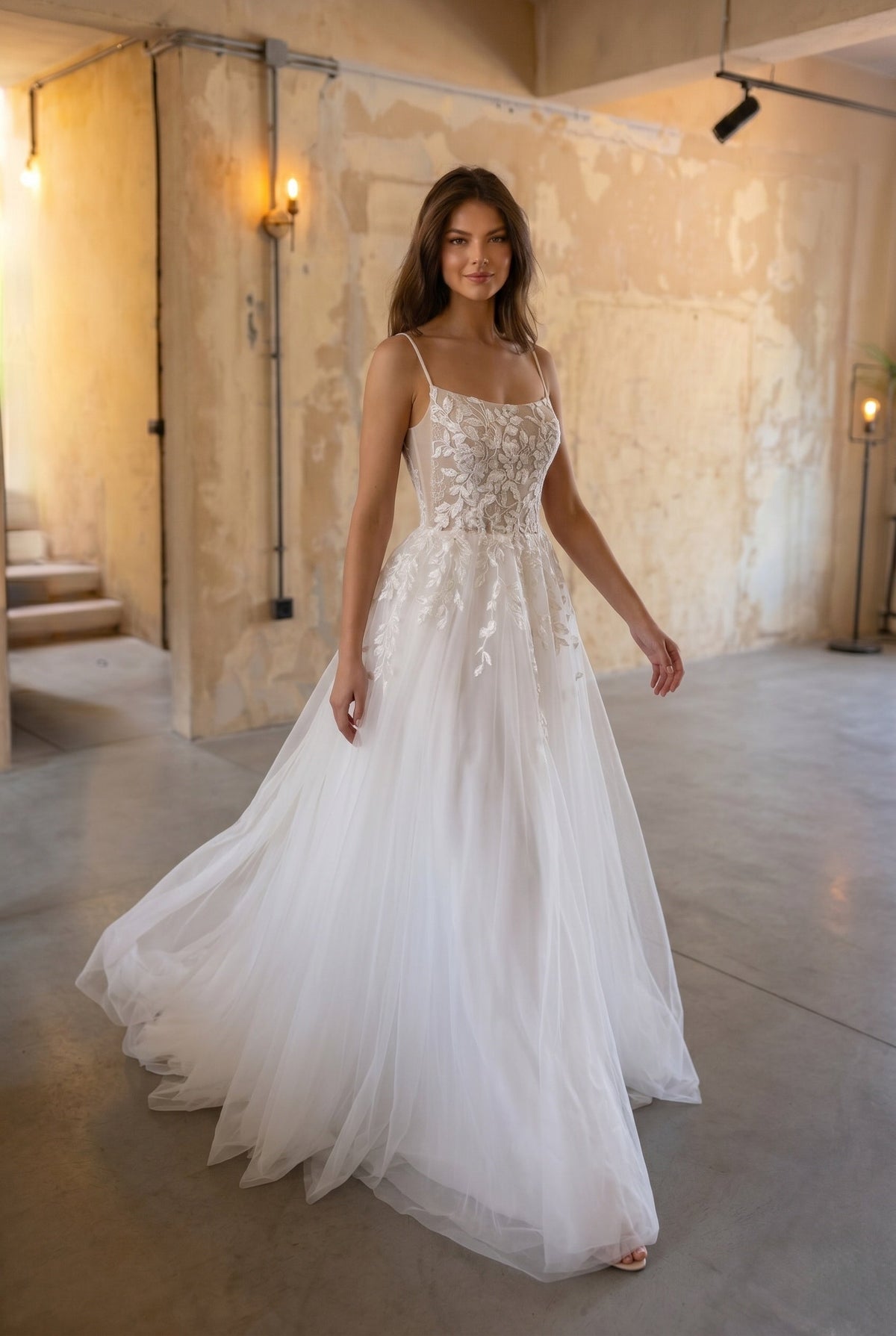 A-Line Sweep-Brush Train Lace Tulle Wedding Dress CW3103