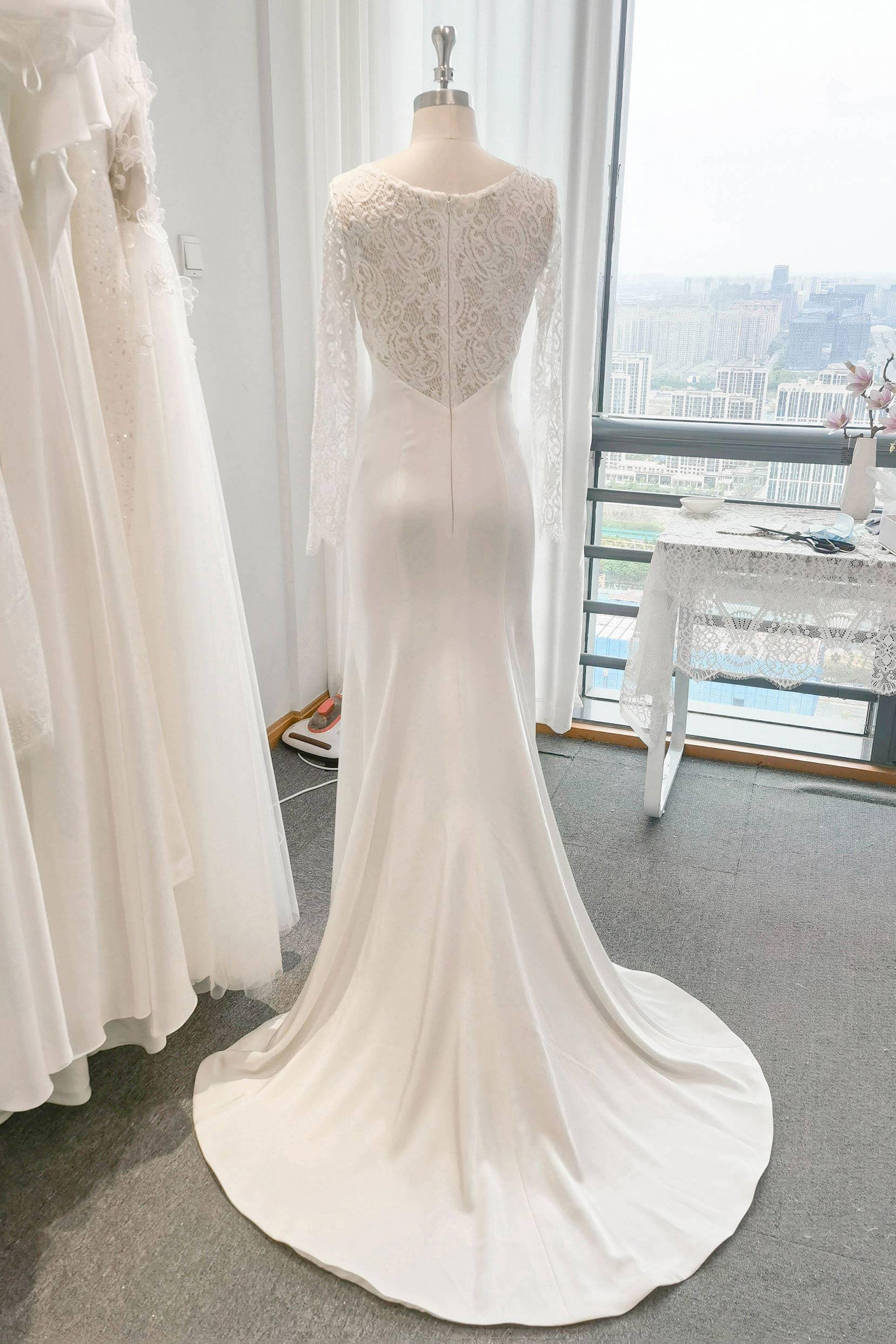 Trumpet Sweep-Brush Train Lace Satin Wedding Dress CW3110CR - COCOMELODY
