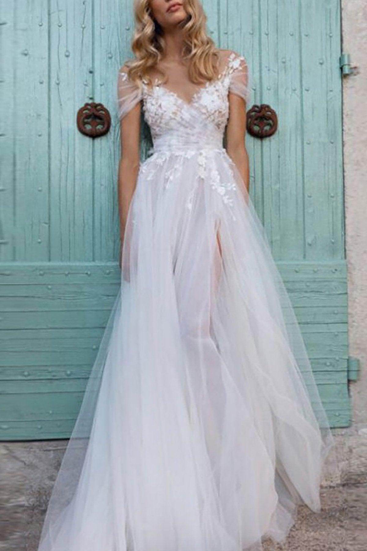 A-Line Sweep-Brush Train Lace Tulle Wedding Dress CW3118 - COCOMELODY