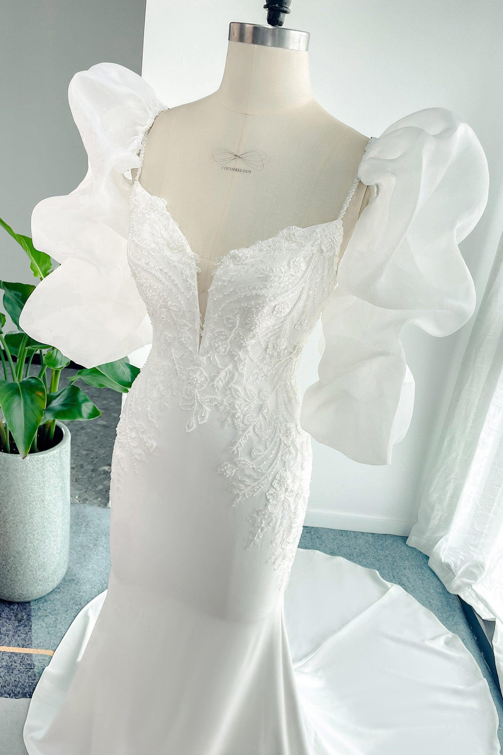 Trumpet-Mermaid Court Train Lace Stretch Satin Wedding Dress CW3137 - COCOMELODY