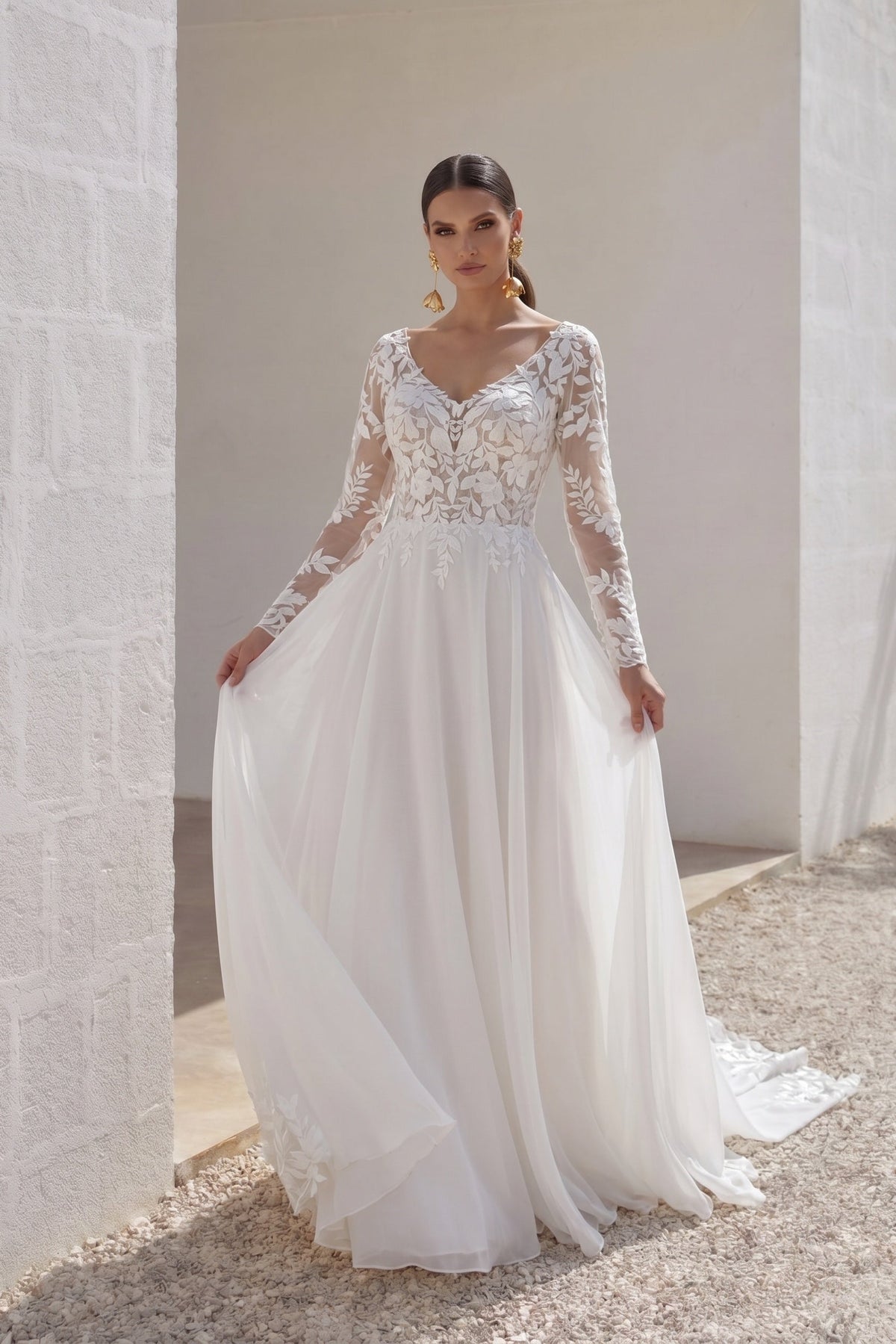 A-Line Court Train Lace Chiffon Wedding Dress CW3163CR