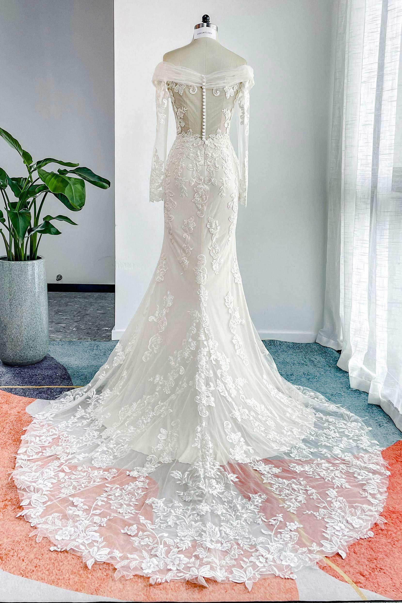 Trumpet-Mermaid Chapel Train Lace Tulle Wedding Dress CW3204CR - COCOMELODY