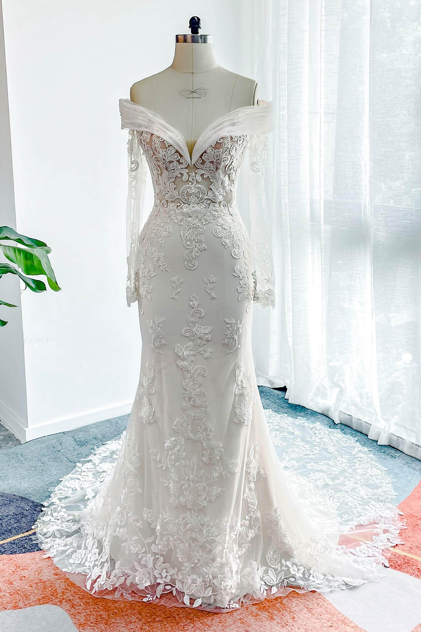 Trumpet-Mermaid Chapel Train Lace Tulle Wedding Dress CW3204CR - COCOMELODY