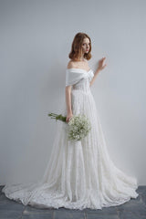 A-Line Sweep-Brush Train Satin Lace Wedding Dress CW3210 - COCOMELODY