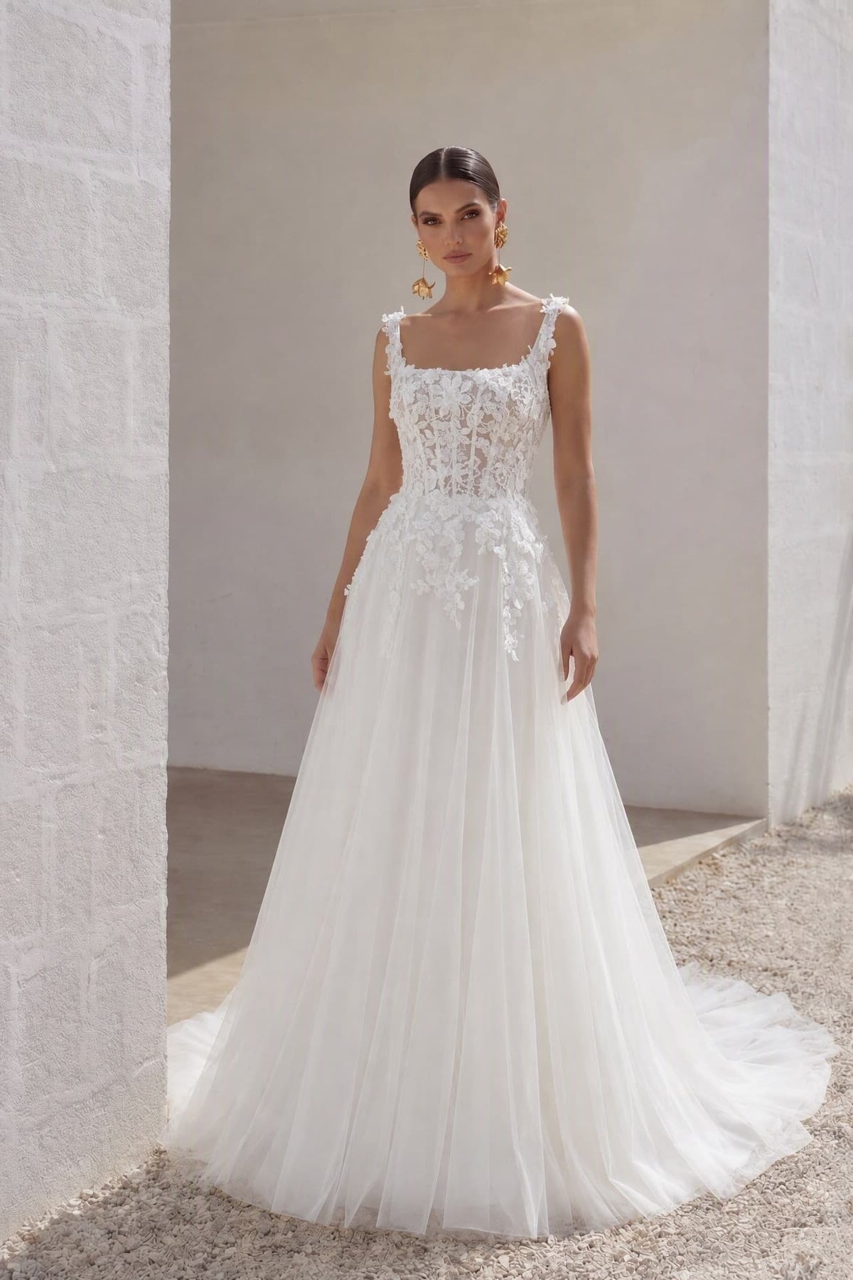 A-Line Court Train Lace Tulle Wedding Dress CW3227