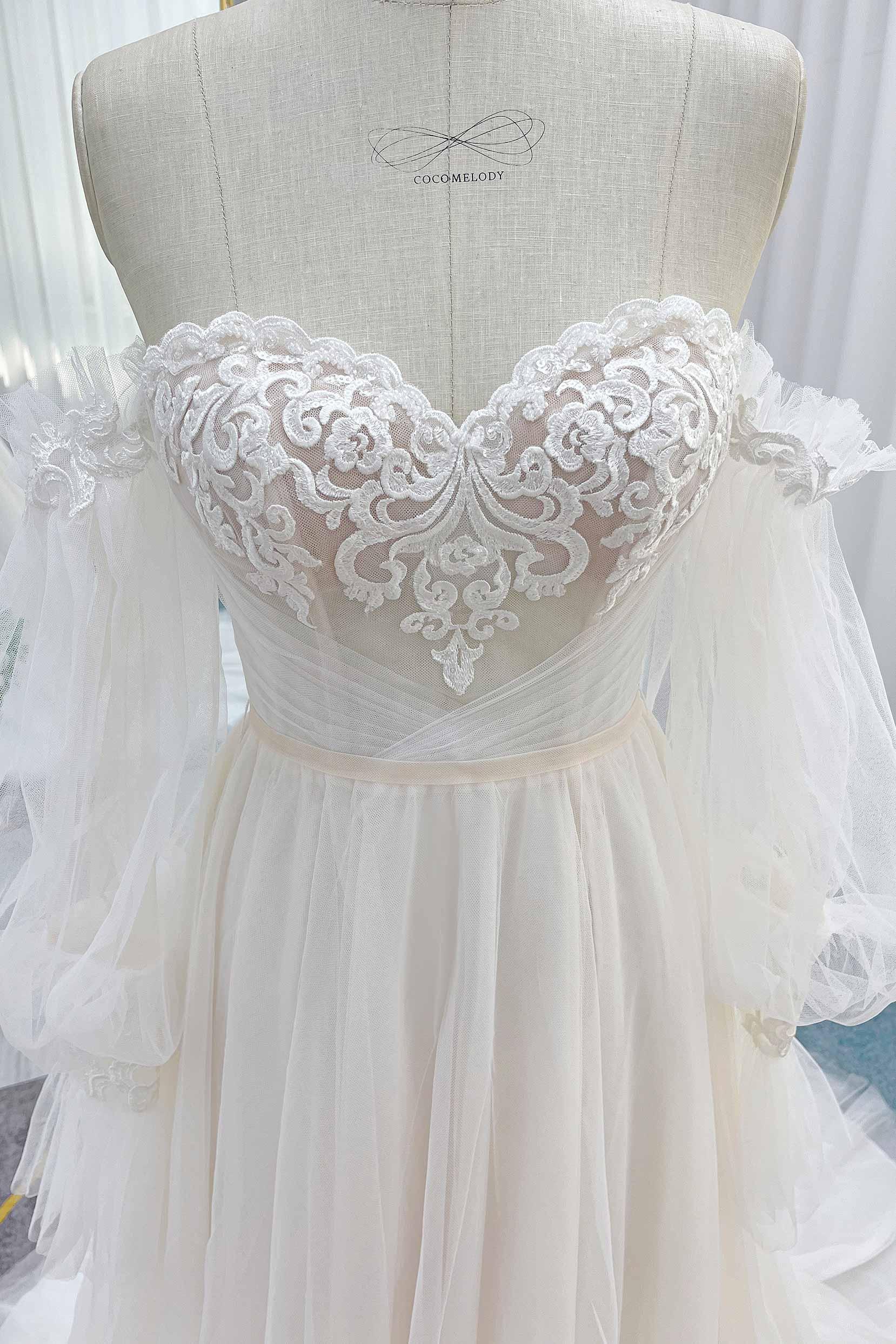 A-Line Court Train Lace Tulle Wedding Dress CW3237 - COCOMELODY