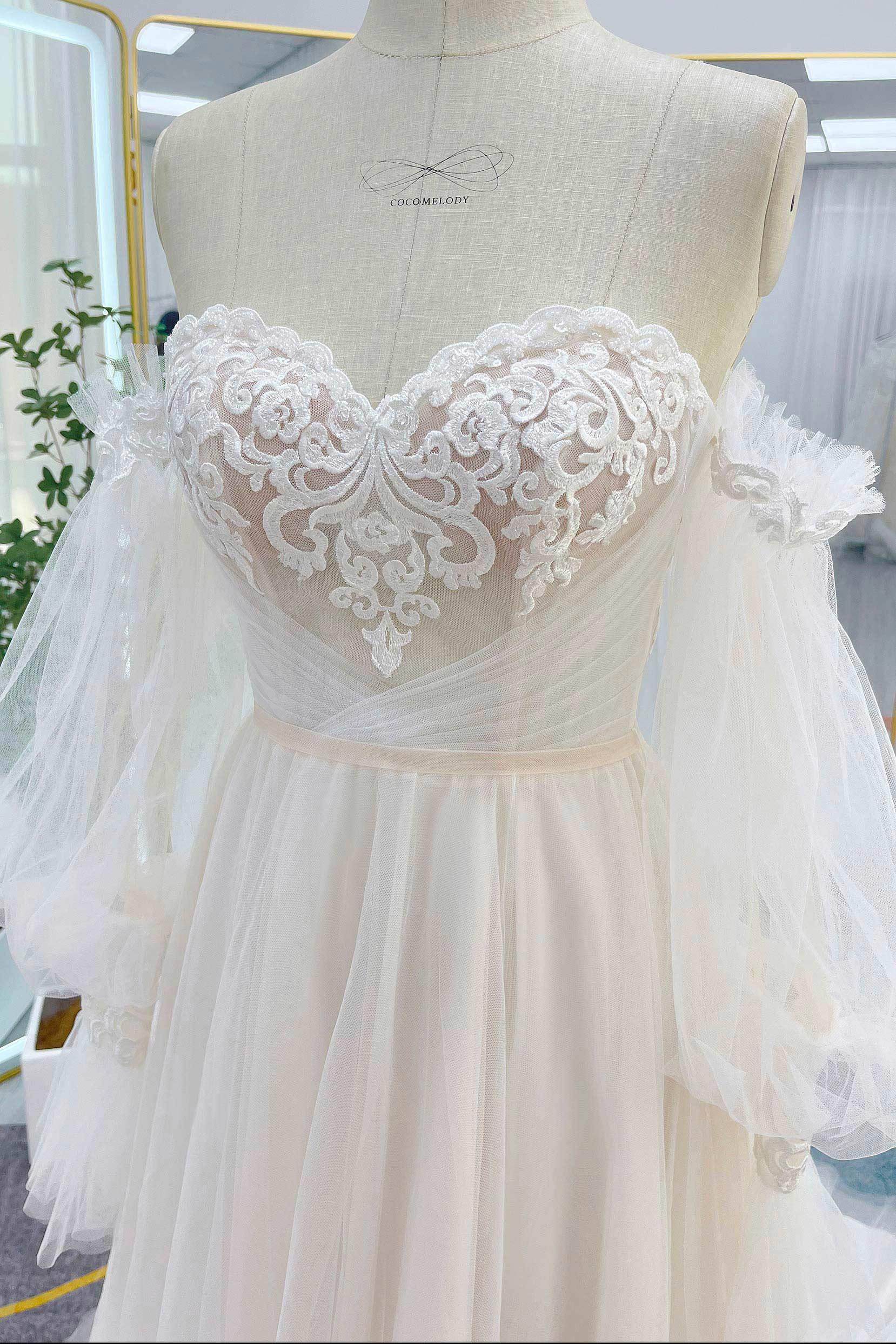 A-Line Court Train Lace Tulle Wedding Dress CW3237 - COCOMELODY