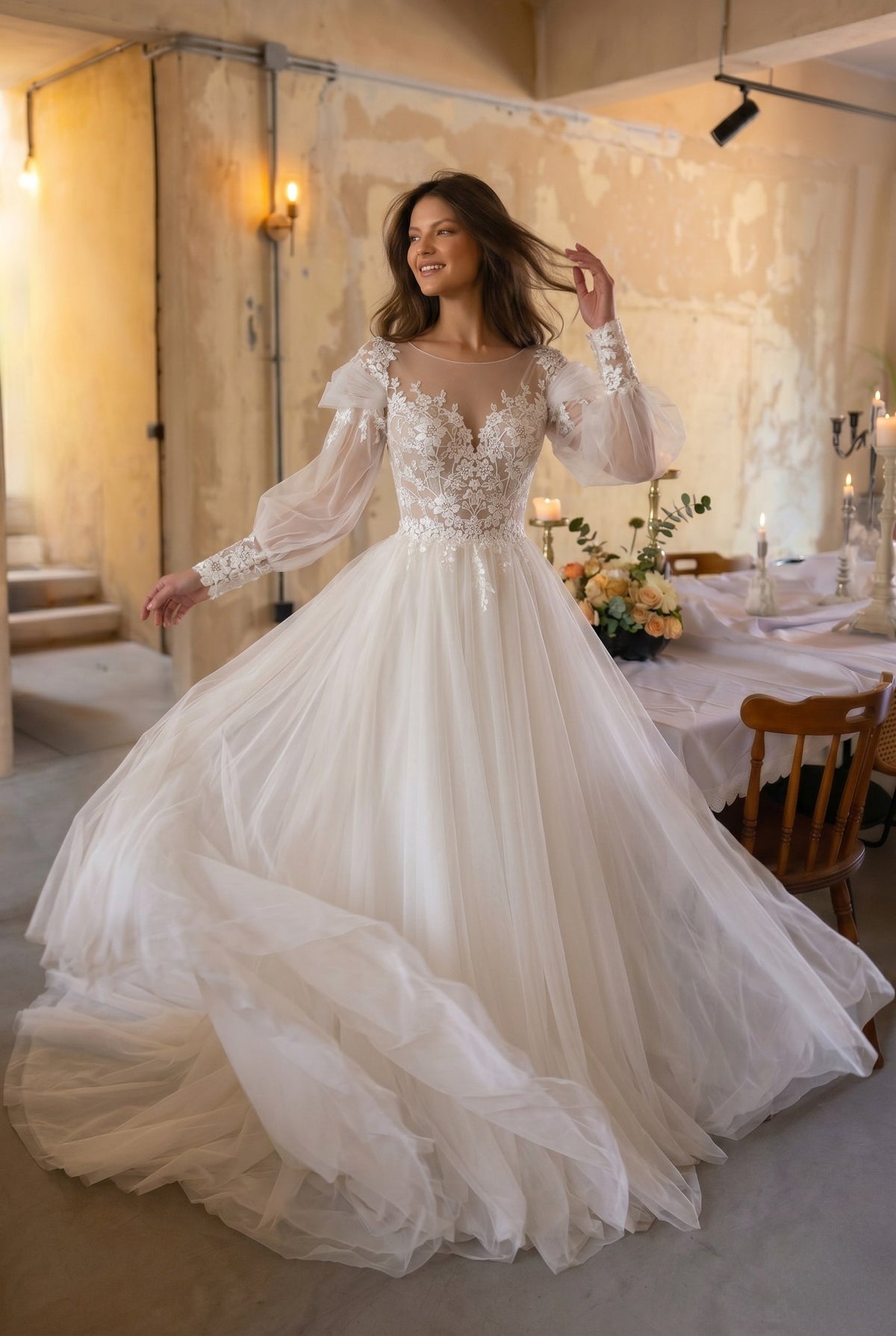 A-Line Chapel Train Lace Tulle Wedding Dress CW3240