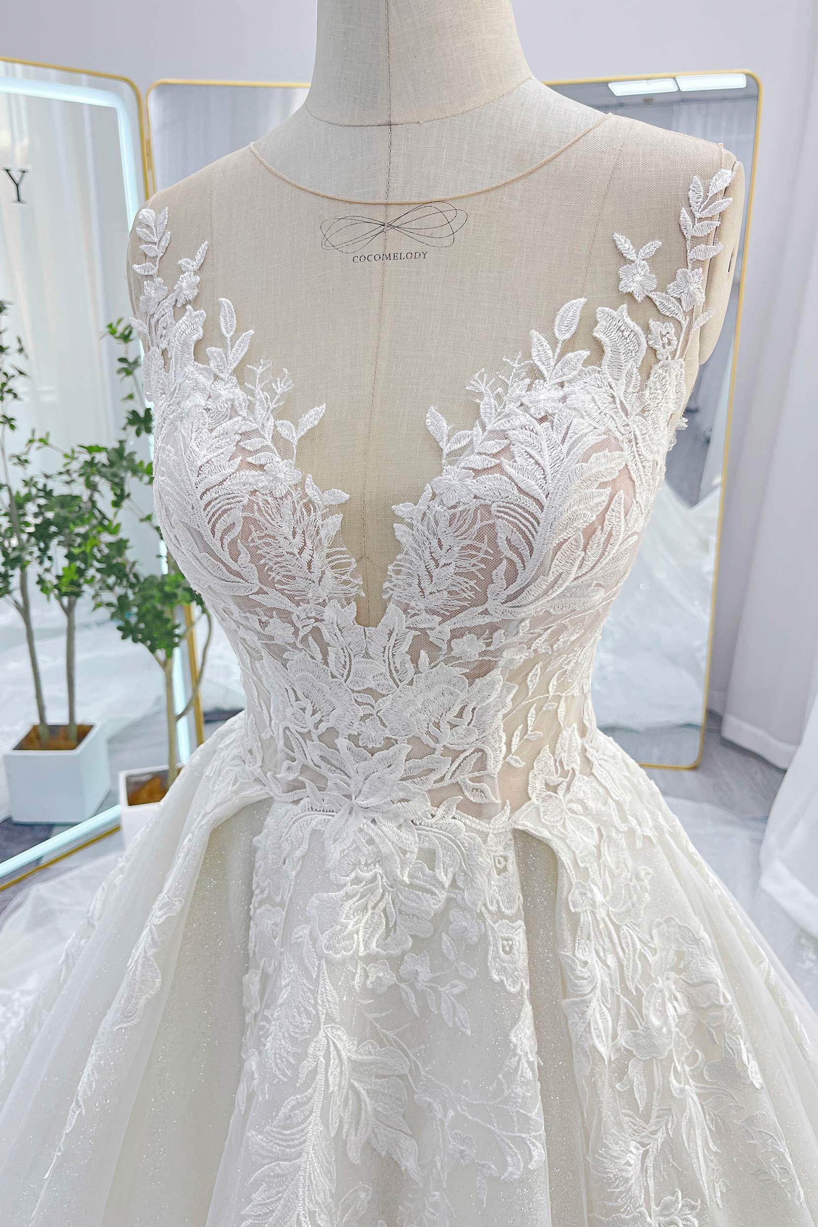 A-Line Chapel Train Lace Tulle Wedding Dress CW3260 - COCOMELODY