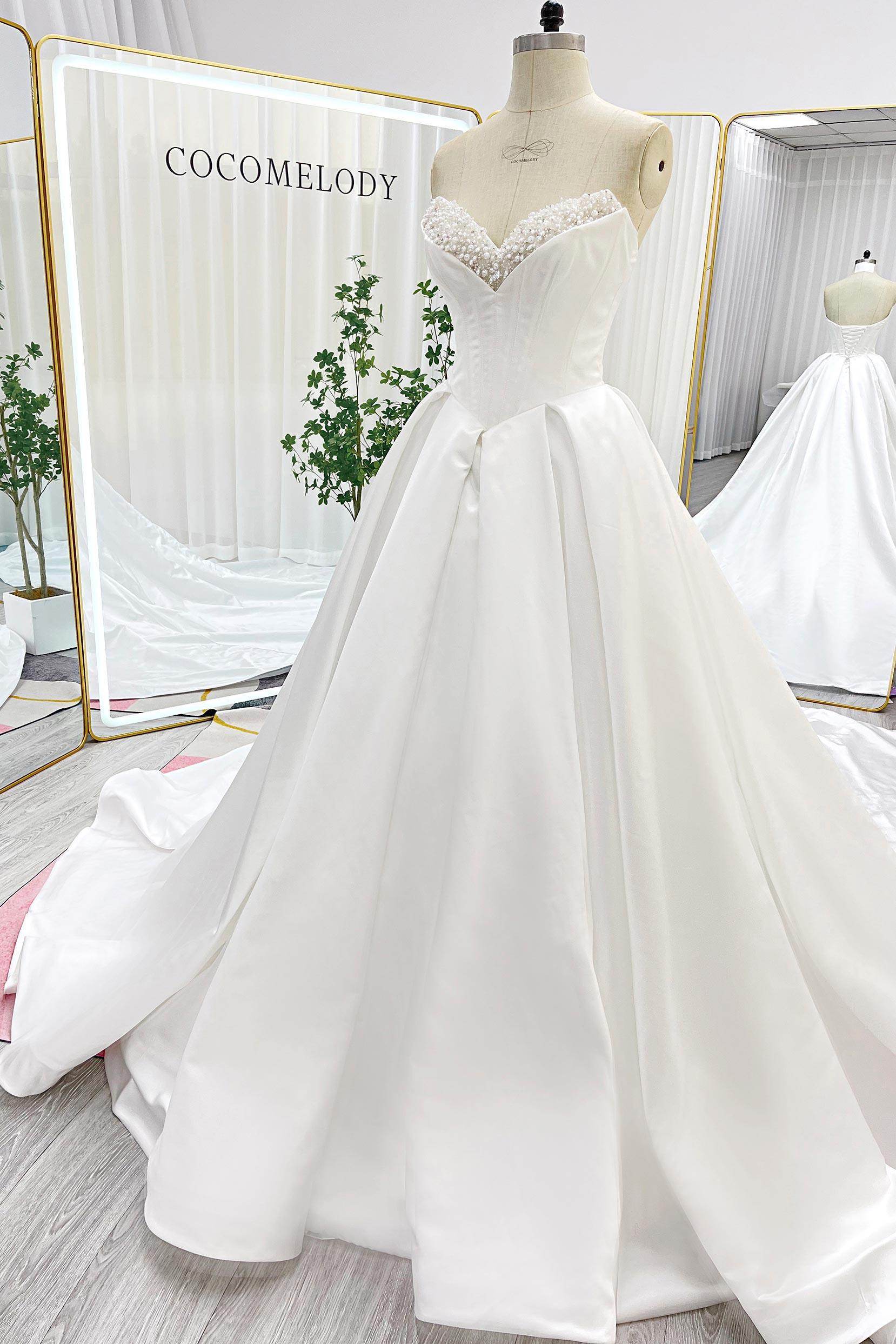 Ball Gown Chapel Train Satin Wedding Dress CW3272CR - COCOMELODY