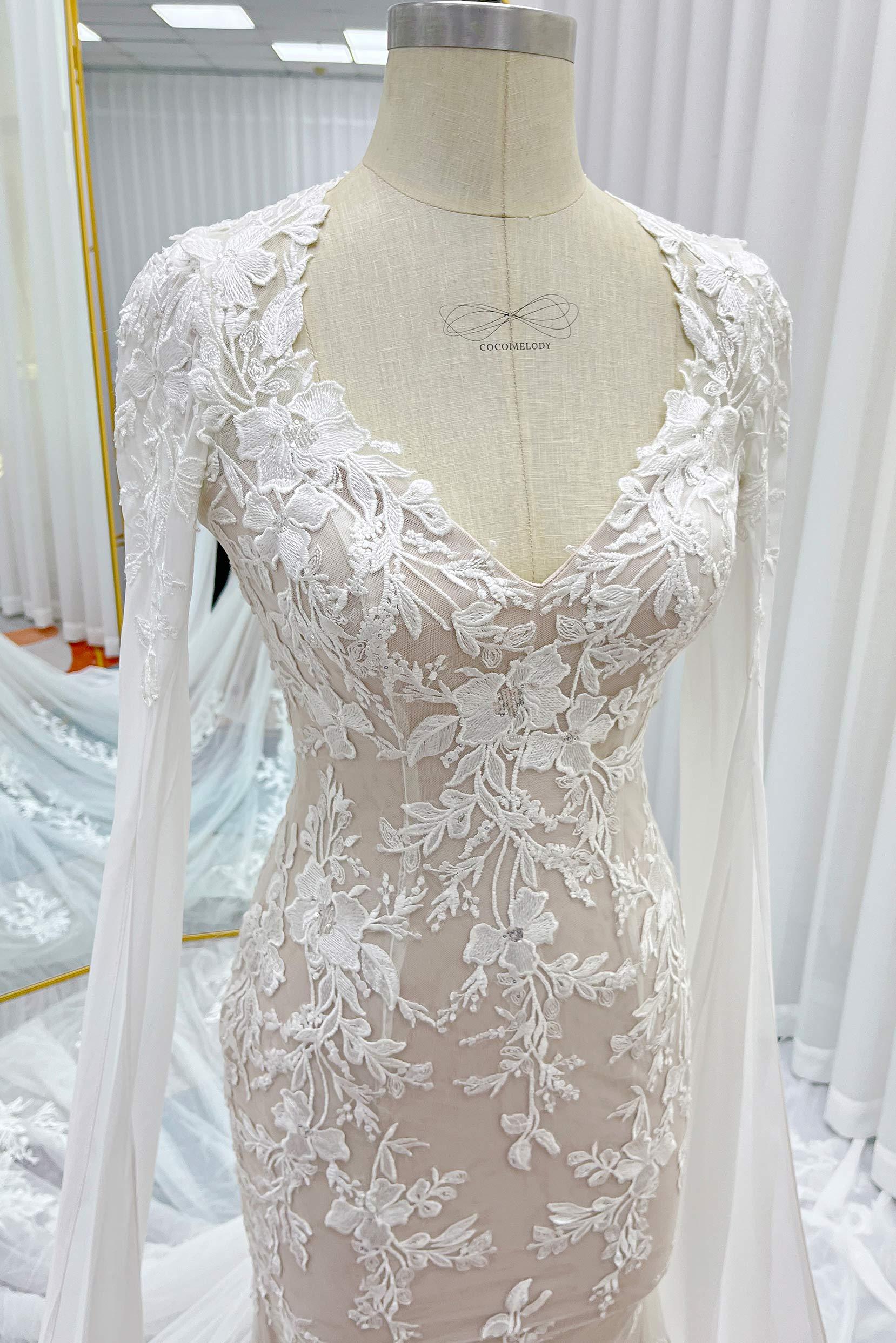 Trumpet-Mermaid Chapel Train Lace Tulle Wedding Dress CW3279 - COCOMELODY