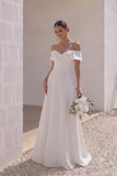 A-Line Sweep-Brush Train Stretch Satin Wedding Dress CW3286