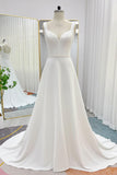 A-Line Sweep-Brush Train Stretch Satin Wedding Dress CW3287 - COCOMELODY