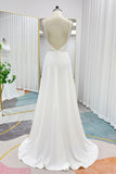 A-Line Sweep-Brush Train Stretch Satin Wedding Dress CW3292 - COCOMELODY