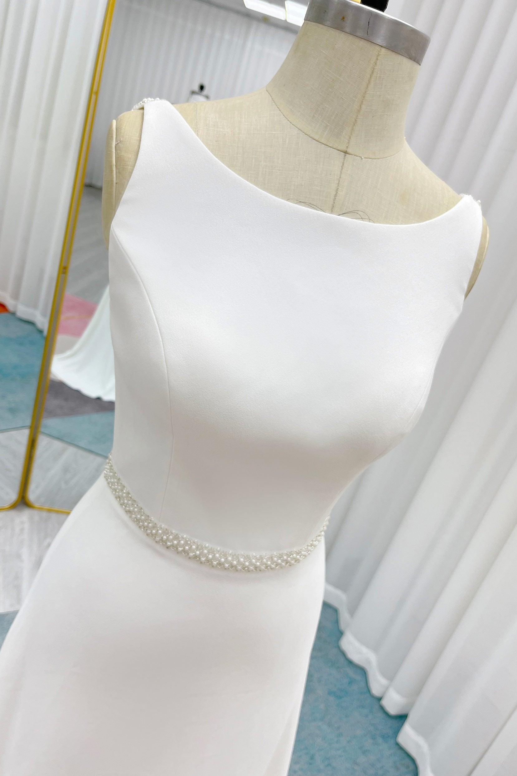 A-Line Sweep-Brush Train Stretch Satin Wedding Dress CW3292 - COCOMELODY