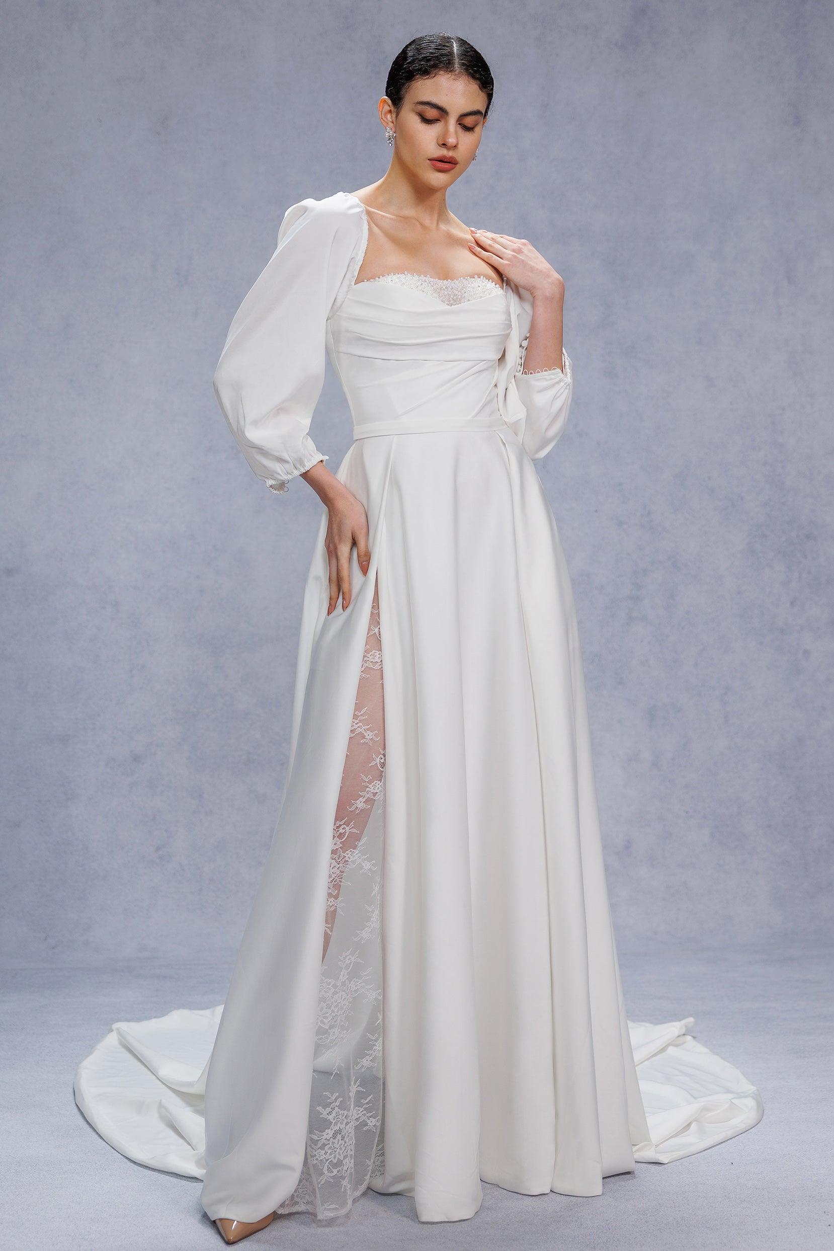 A-Line Court Train Satin Wedding Dress CW3329 - COCOMELODY