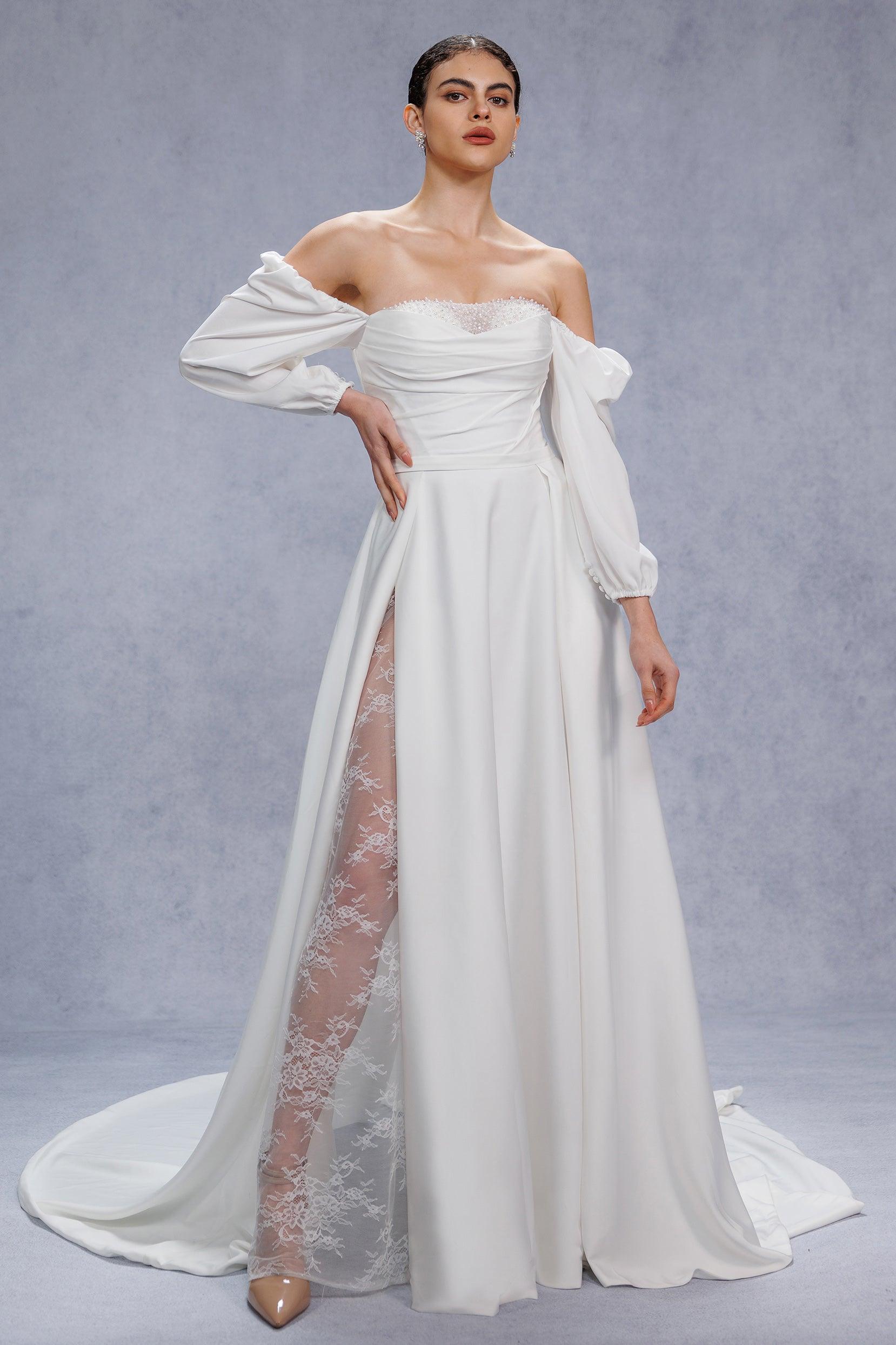A-Line Court Train Satin Wedding Dress CW3329 - COCOMELODY