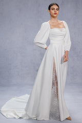 A-Line Court Train Satin Wedding Dress CW3329 - COCOMELODY