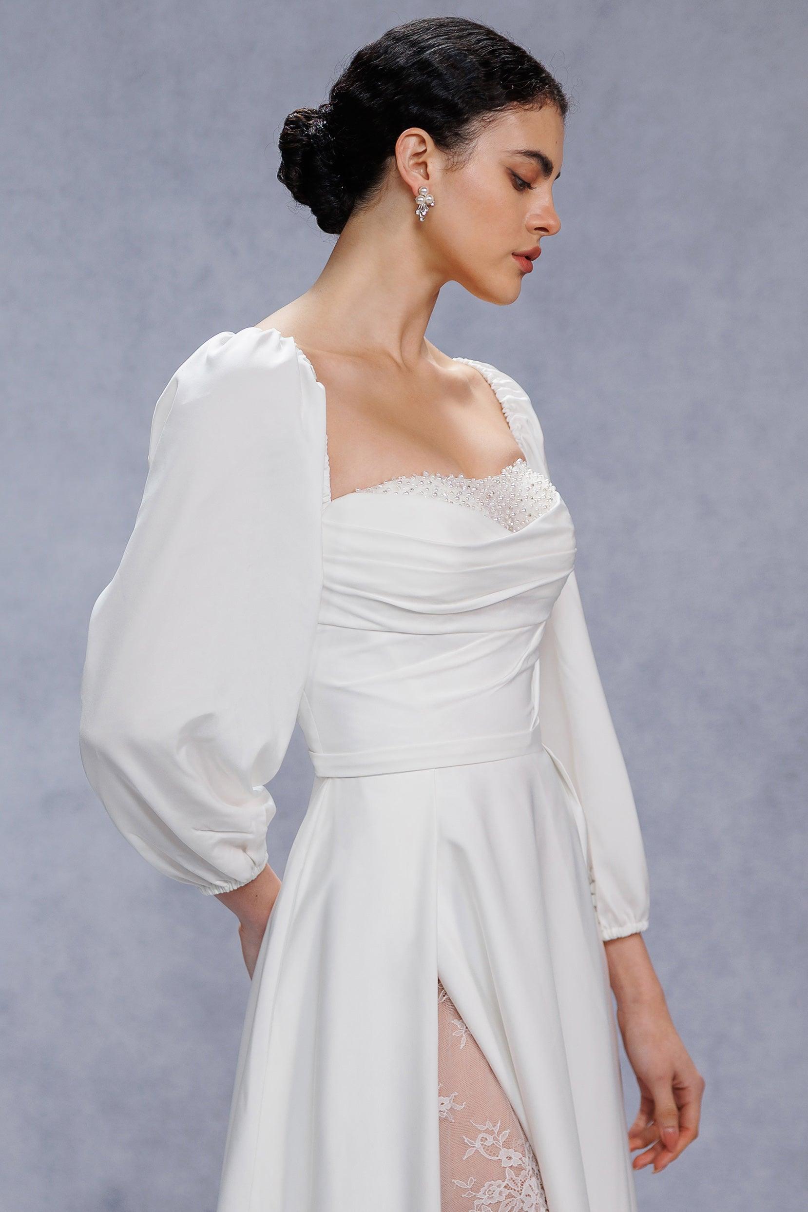 A-Line Court Train Satin Wedding Dress CW3329 - COCOMELODY
