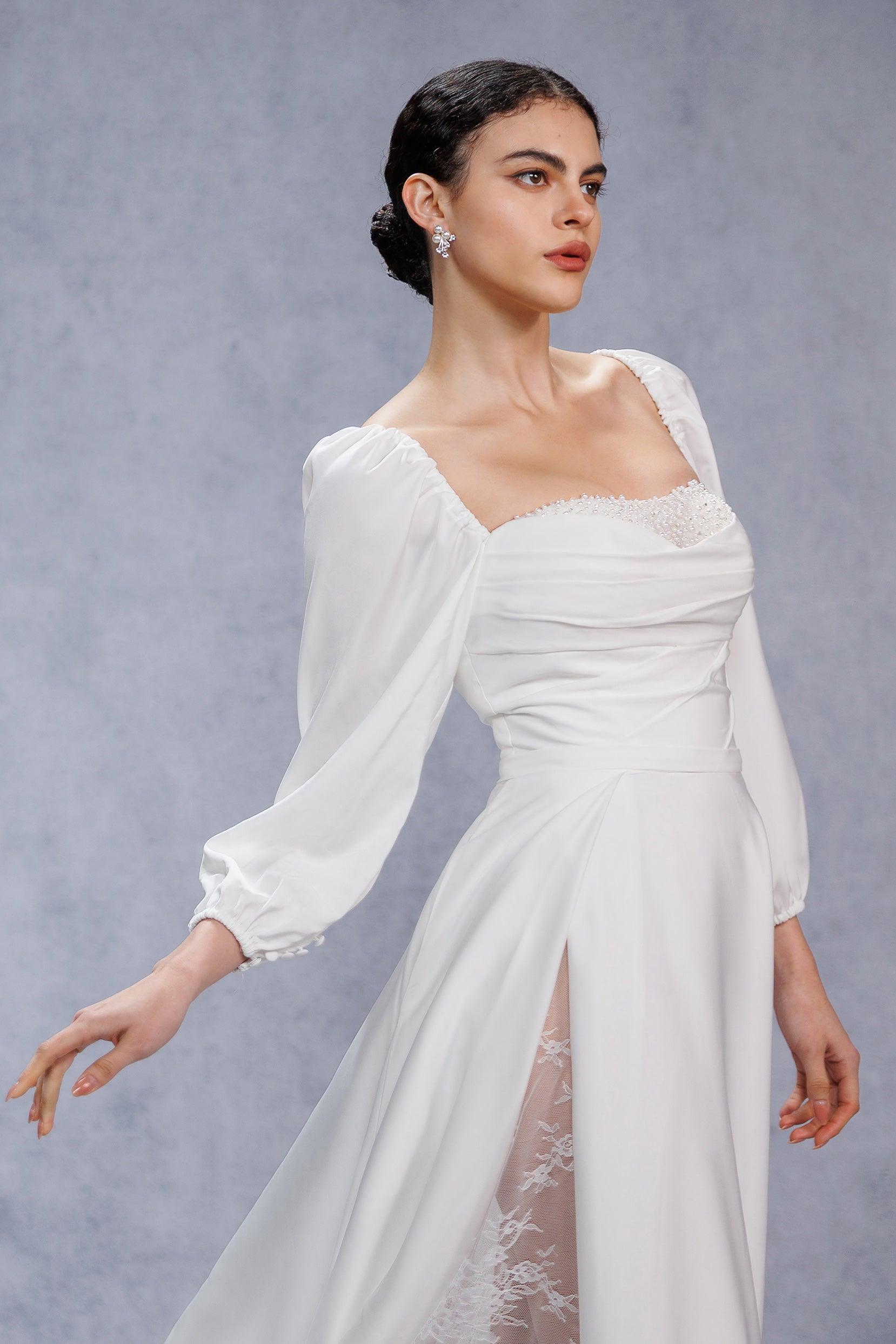 A-Line Court Train Satin Wedding Dress CW3329 - COCOMELODY
