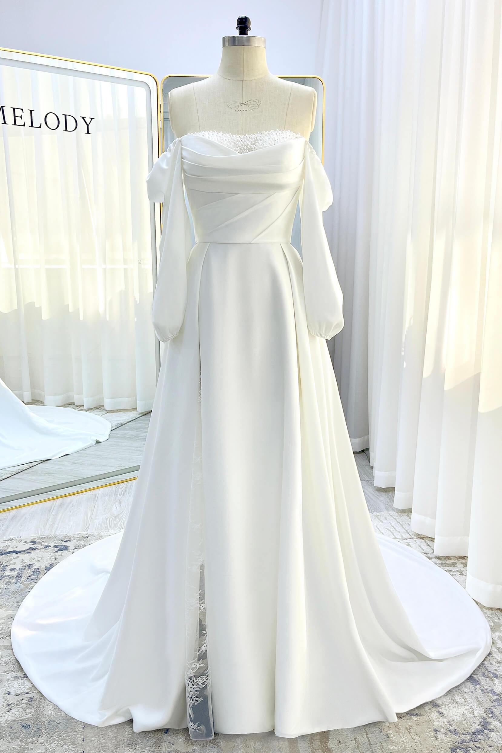 A-Line Court Train Satin Wedding Dress CW3329 - COCOMELODY