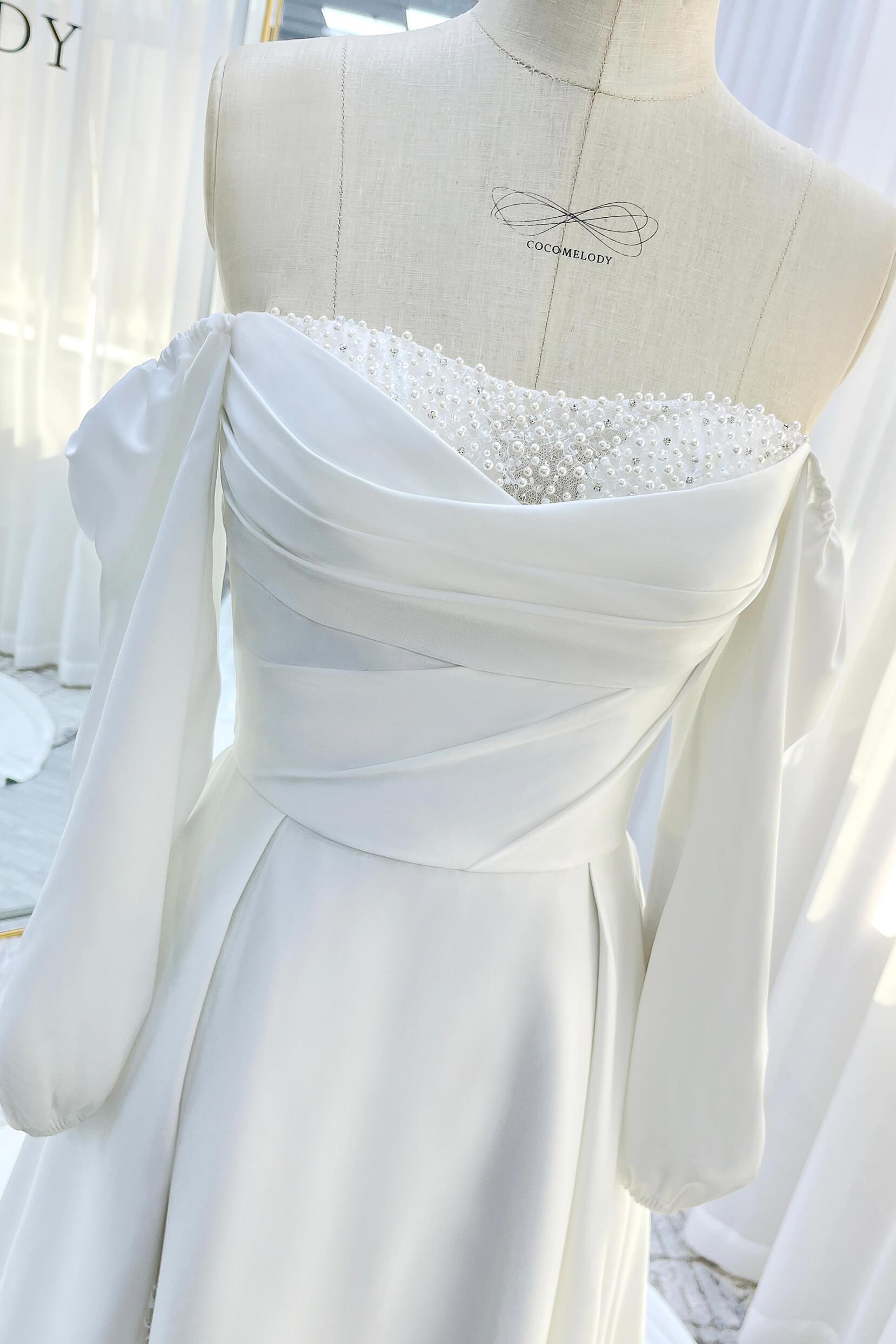 A-Line Court Train Satin Wedding Dress CW3329 - COCOMELODY