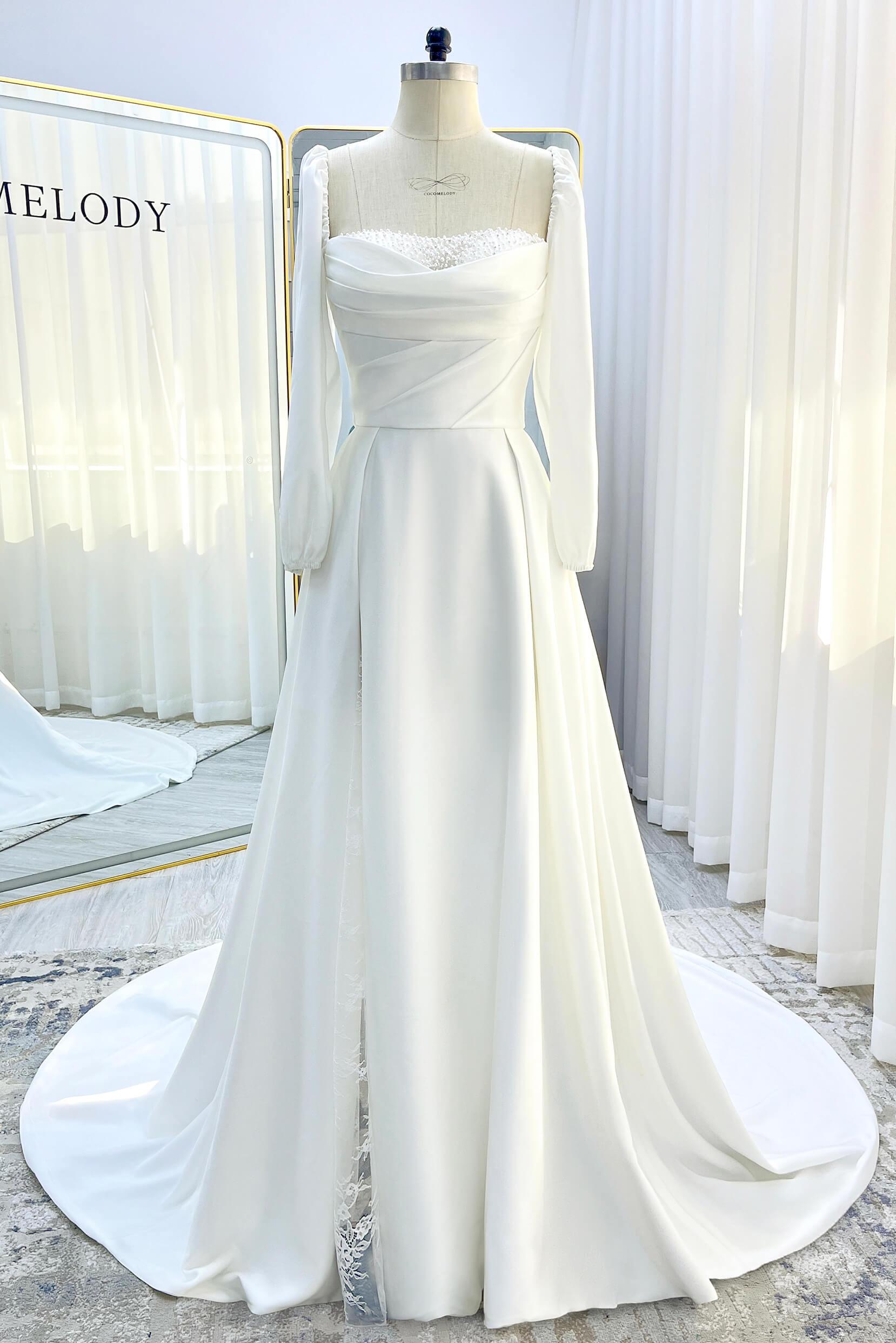 A-Line Court Train Satin Wedding Dress CW3329 - COCOMELODY