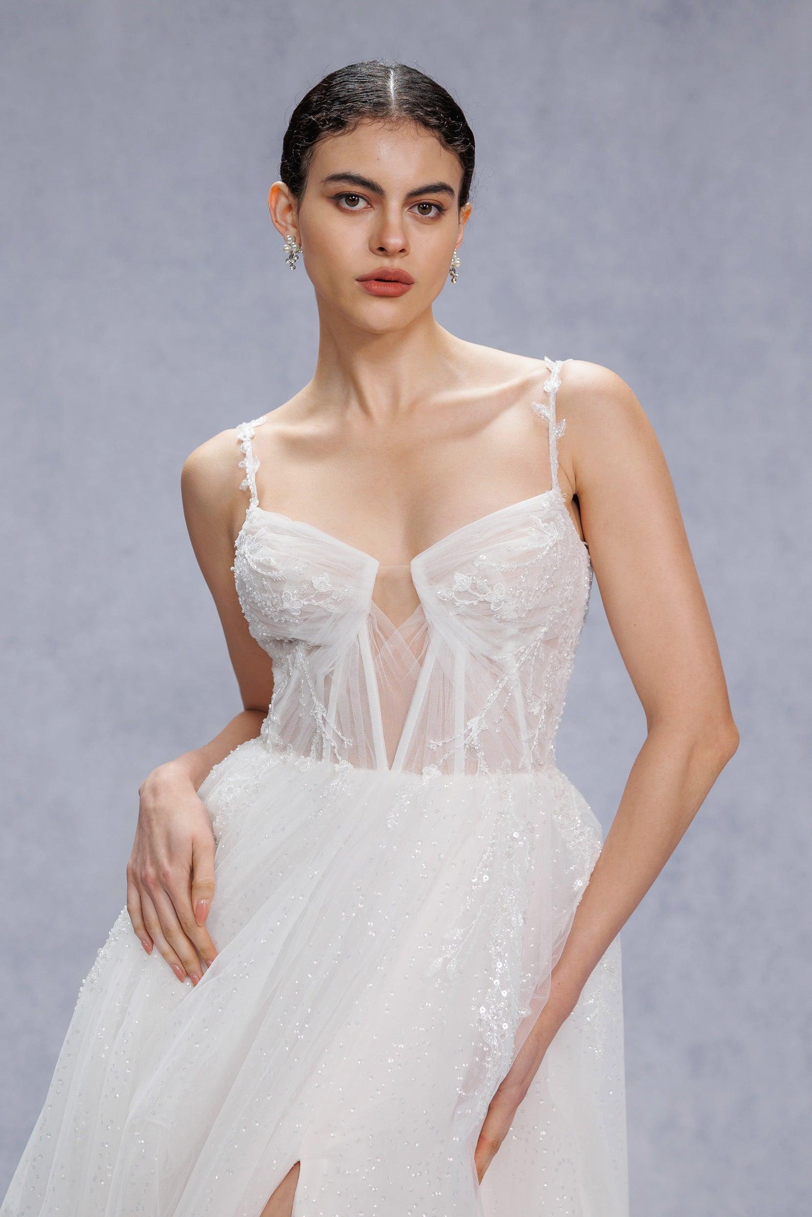 A-Line Court Train Sparkle Tulle Wedding Dress CW3338 - COCOMELODY