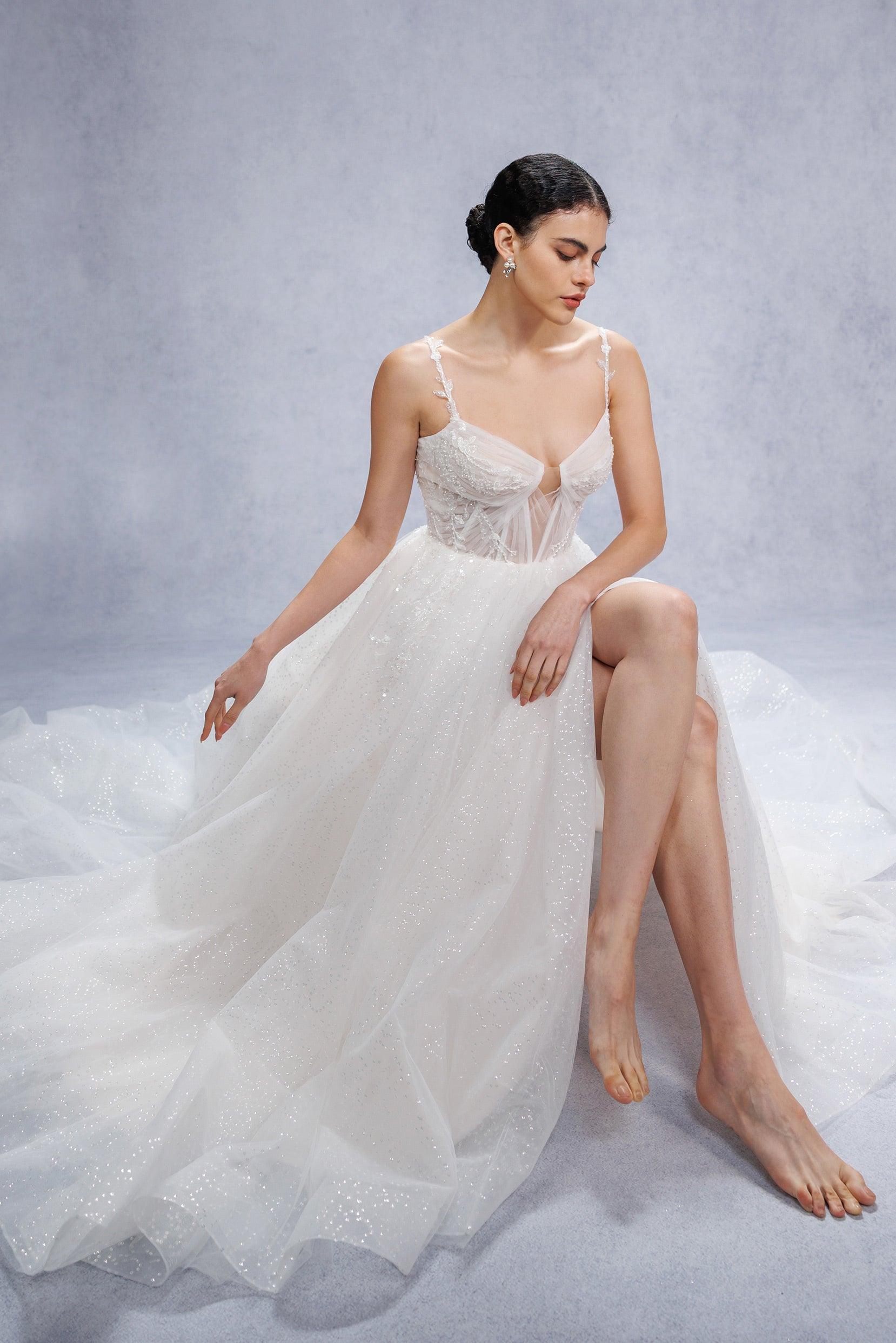 A-Line Court Train Sparkle Tulle Wedding Dress CW3338 - COCOMELODY