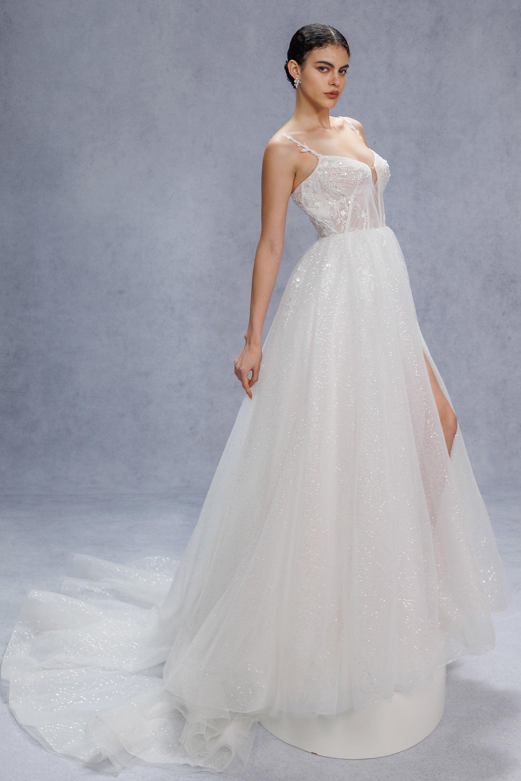 A-Line Court Train Sparkle Tulle Wedding Dress CW3338 - COCOMELODY