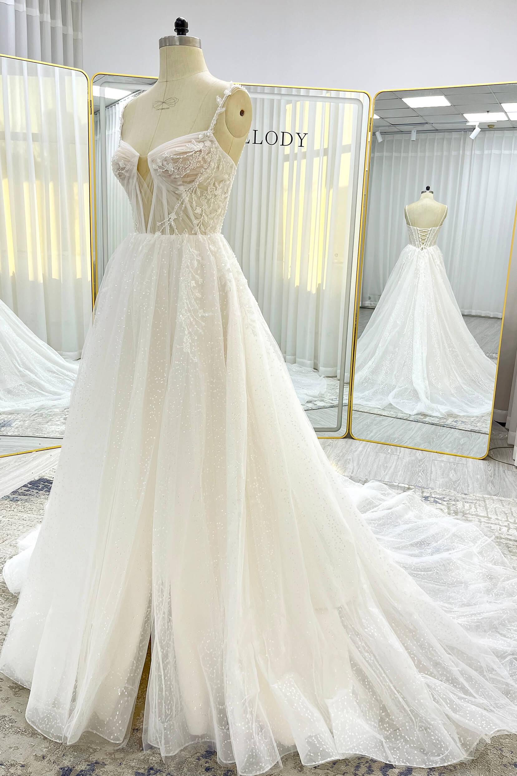 A-Line Court Train Sparkle Tulle Wedding Dress CW3338 - COCOMELODY