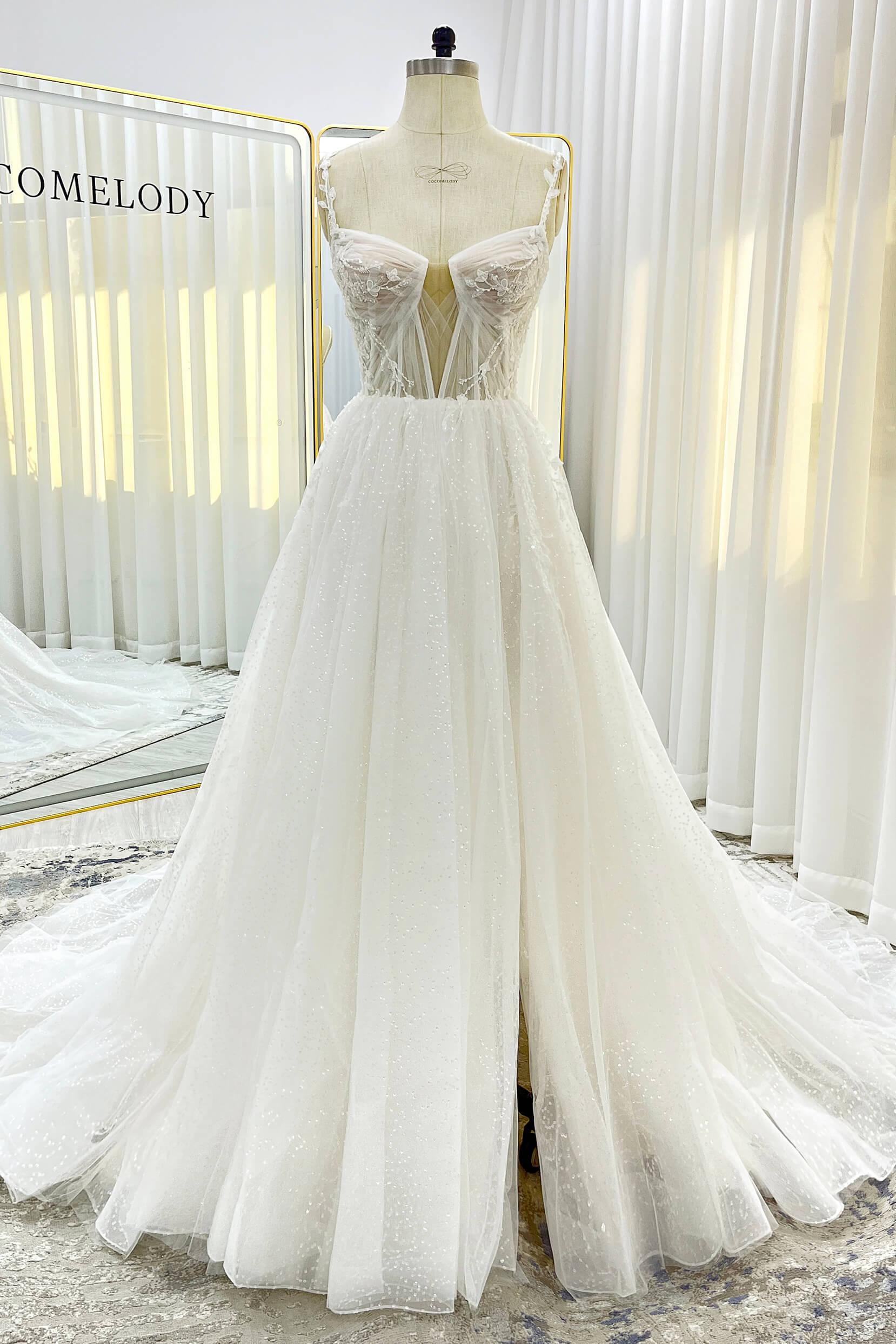 A-Line Court Train Sparkle Tulle Wedding Dress CW3338 - COCOMELODY
