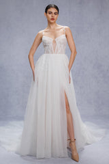 A-Line Court Train Sparkle Tulle Wedding Dress CW3338 - COCOMELODY