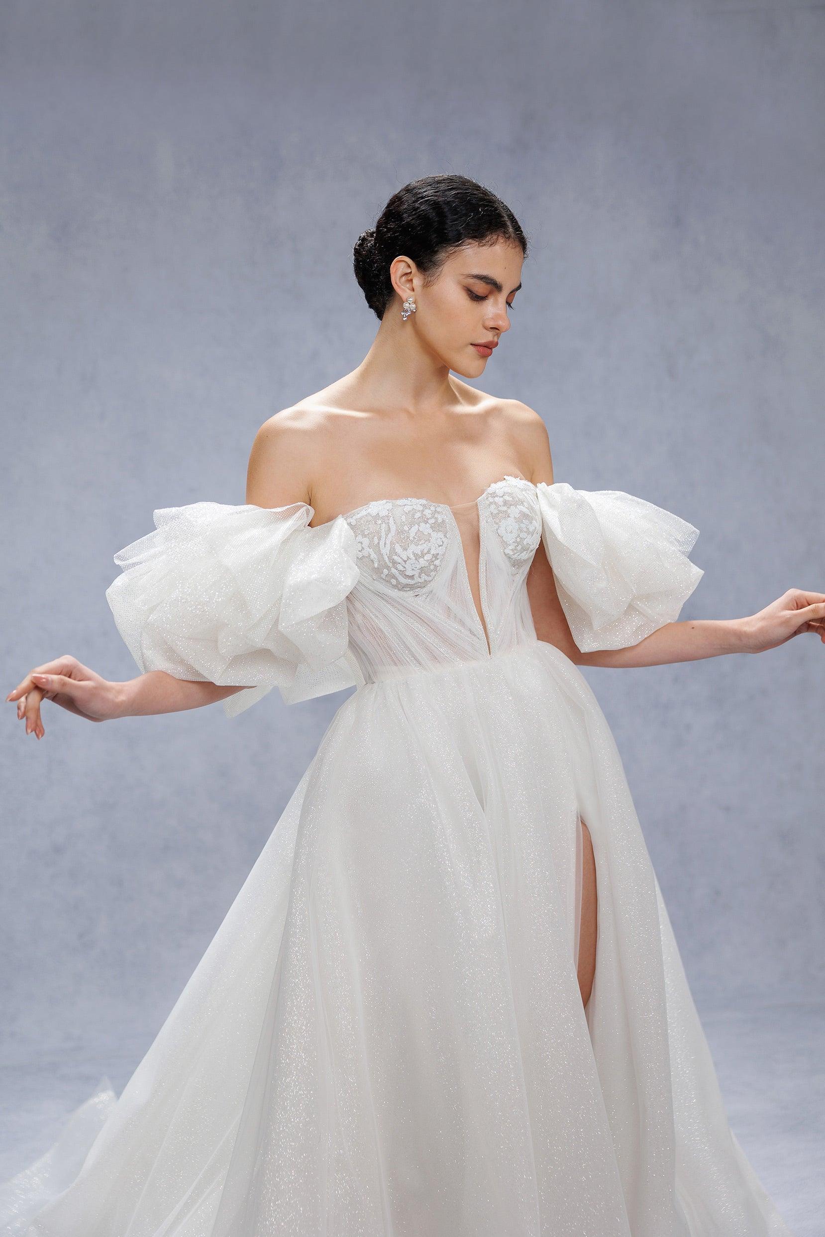 A-Line Court Train Glitter Wedding Dress CW3342 - COCOMELODY