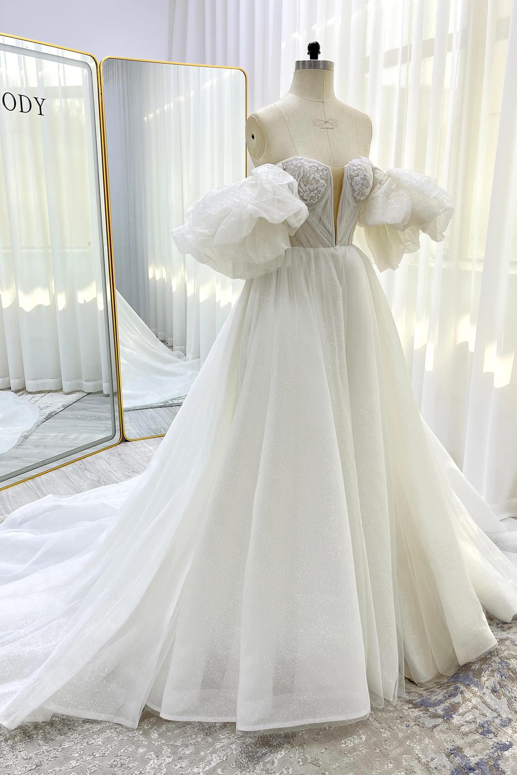 A-Line Court Train Glitter Wedding Dress CW3342 - COCOMELODY
