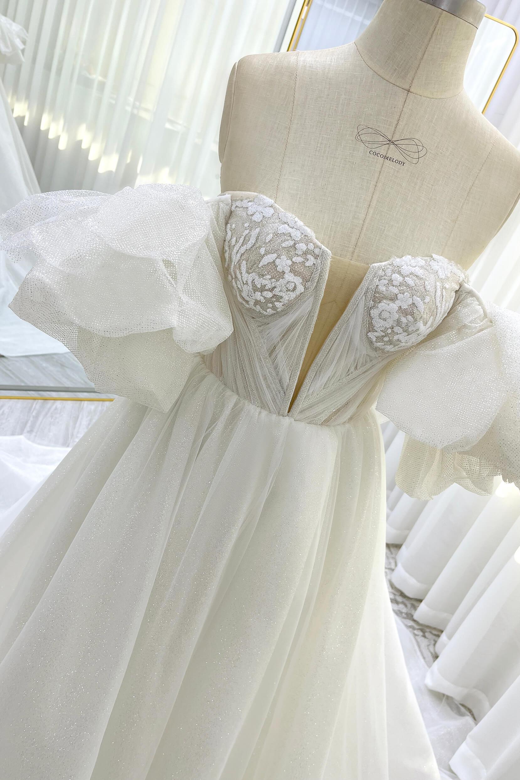 A-Line Court Train Glitter Wedding Dress CW3342 - COCOMELODY