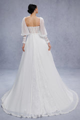 A-Line Court Train Chiffon Lace Wedding Dress CW3357 - COCOMELODY