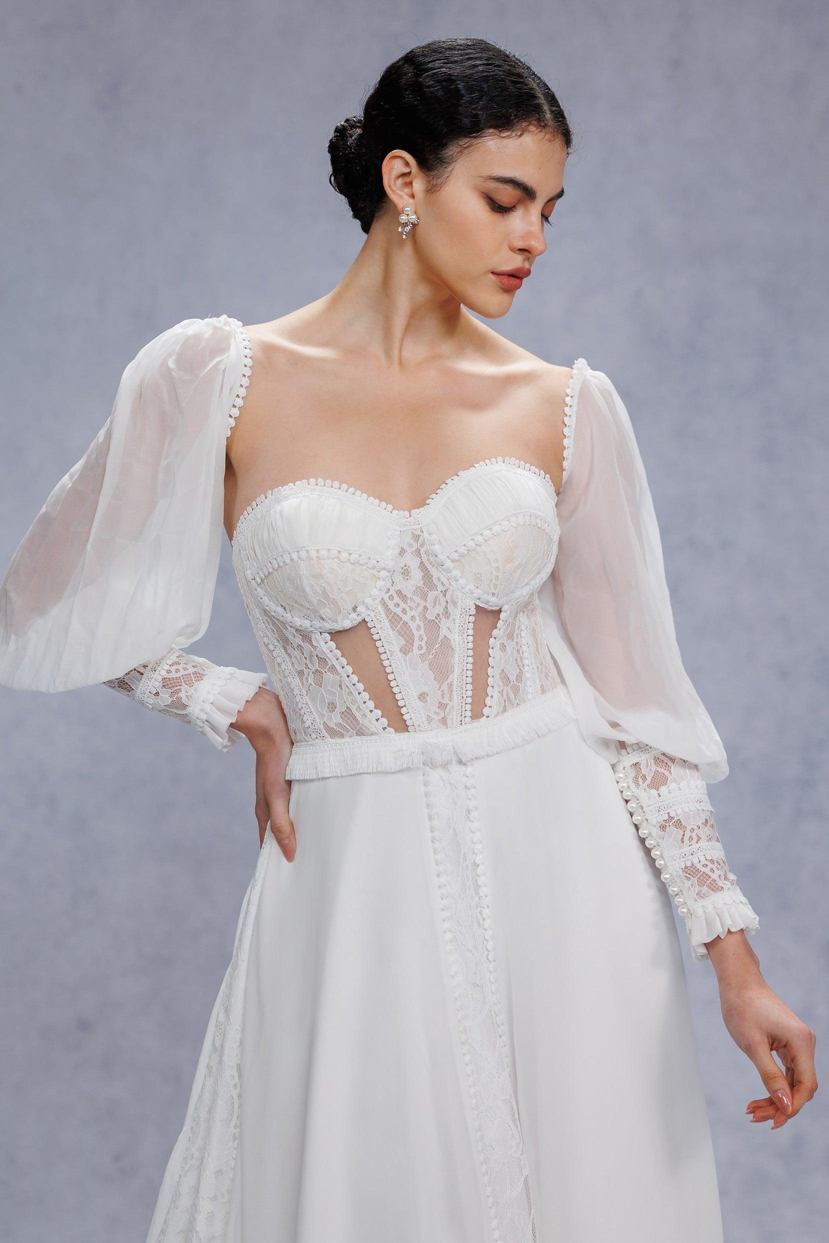 A-Line Court Train Chiffon Lace Wedding Dress CW3357 - COCOMELODY