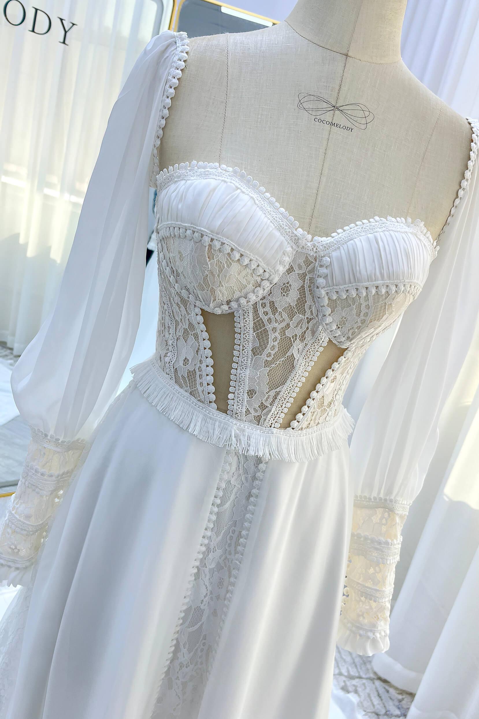 A-Line Court Train Chiffon Lace Wedding Dress CW3357 - COCOMELODY