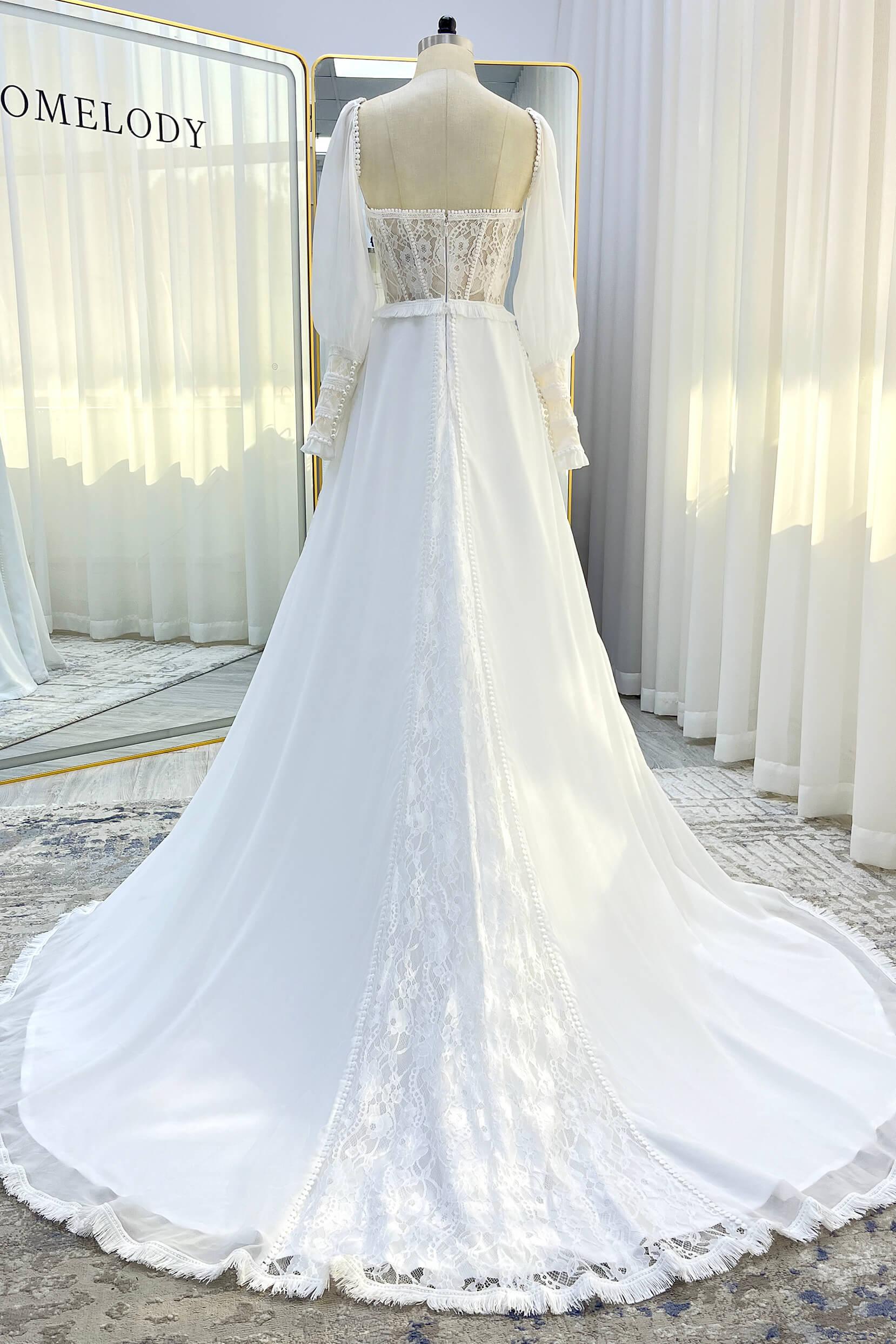 A-Line Court Train Chiffon Lace Wedding Dress CW3357 - COCOMELODY