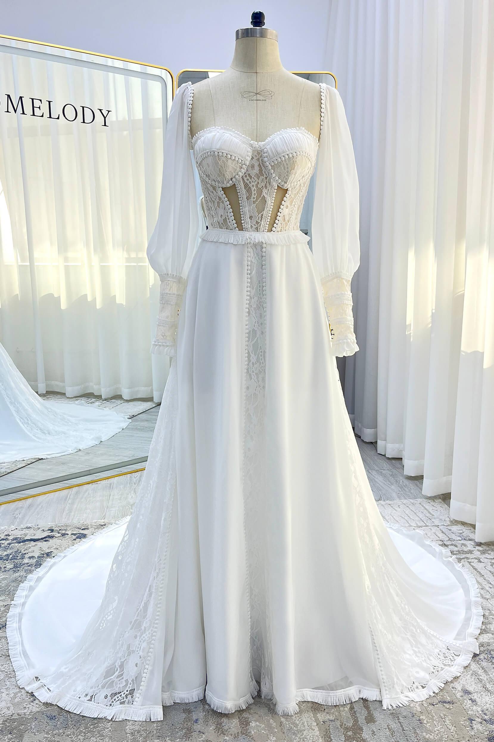 A-Line Court Train Chiffon Lace Wedding Dress CW3357 - COCOMELODY