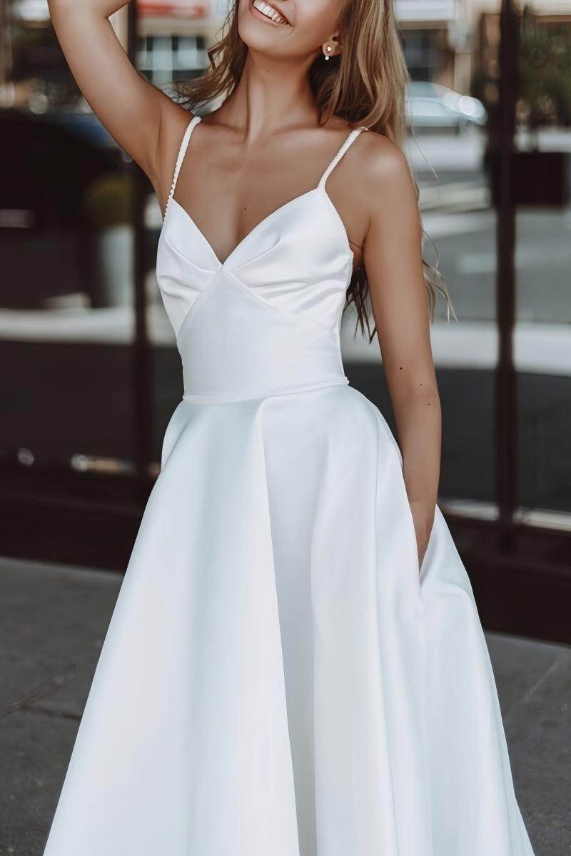 Satin Tea-Length Little White Dress with Pockets CW3379 - COCOMELODY
