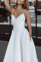 Satin Tea-Length Little White Dress with Pockets CW3379 - COCOMELODY