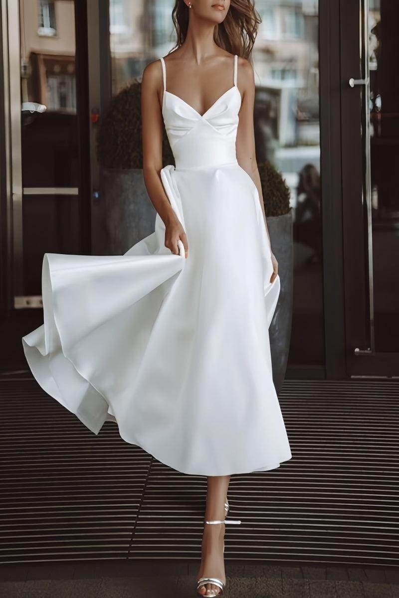 Satin Tea-Length Little White Dress with Pockets CW3379 - COCOMELODY