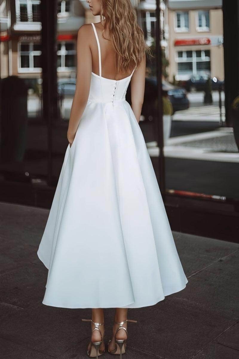 Satin Tea-Length Little White Dress with Pockets CW3379 - COCOMELODY